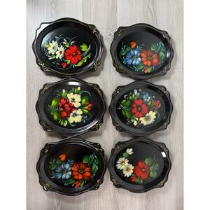 Set of 6 Vintage Russian Hand-Painted Metal Trays –Floral Zhostovo Folk Art USSR